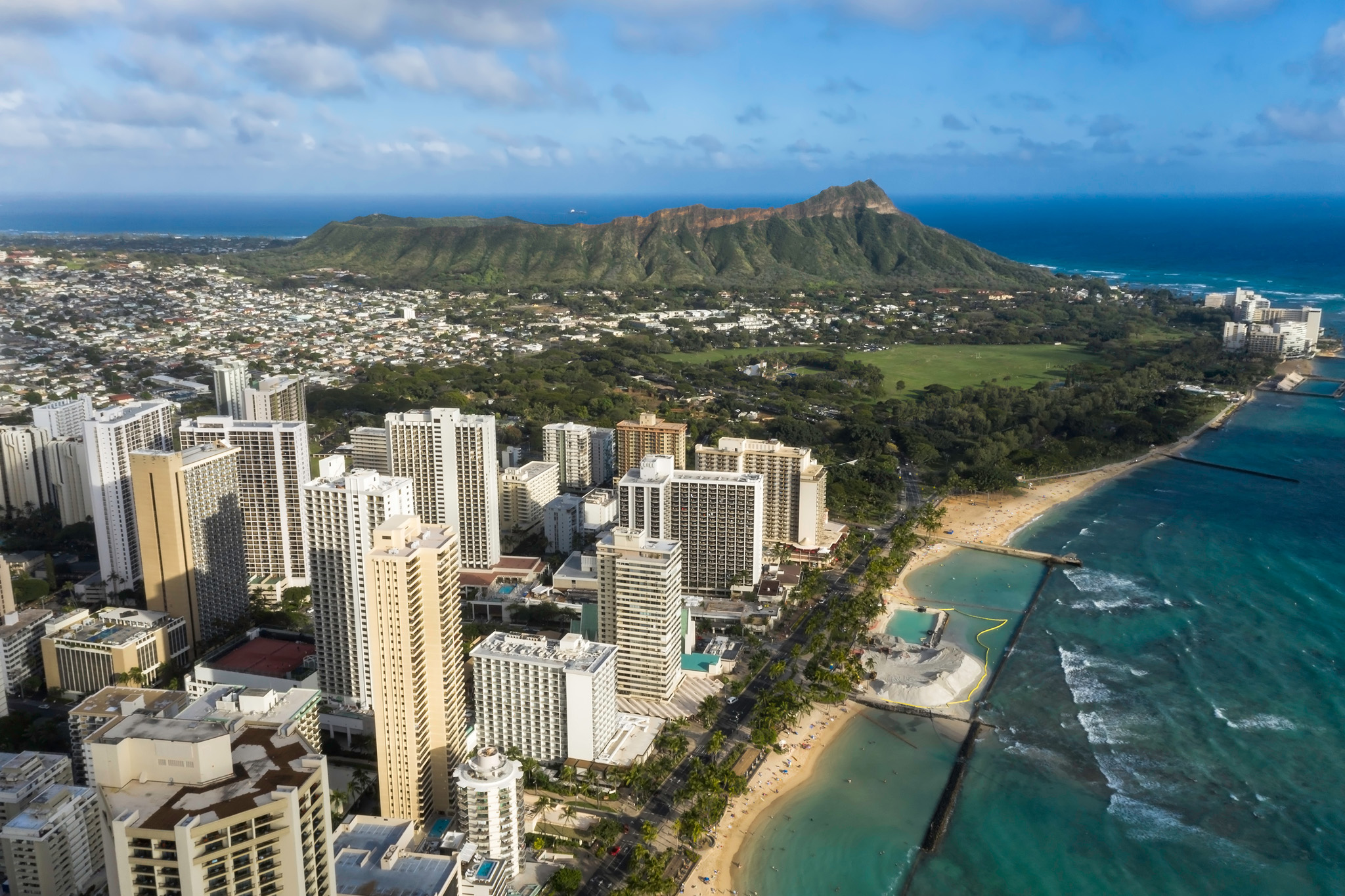 Aerial view of Queens Beach and Diamond Head Mount.